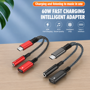 2in1 USB C To 3.5mm Headphone Jack Adapter Type C PD 60W Charge Audio Aux Adaptor for Ipad Pro S20 Ultra