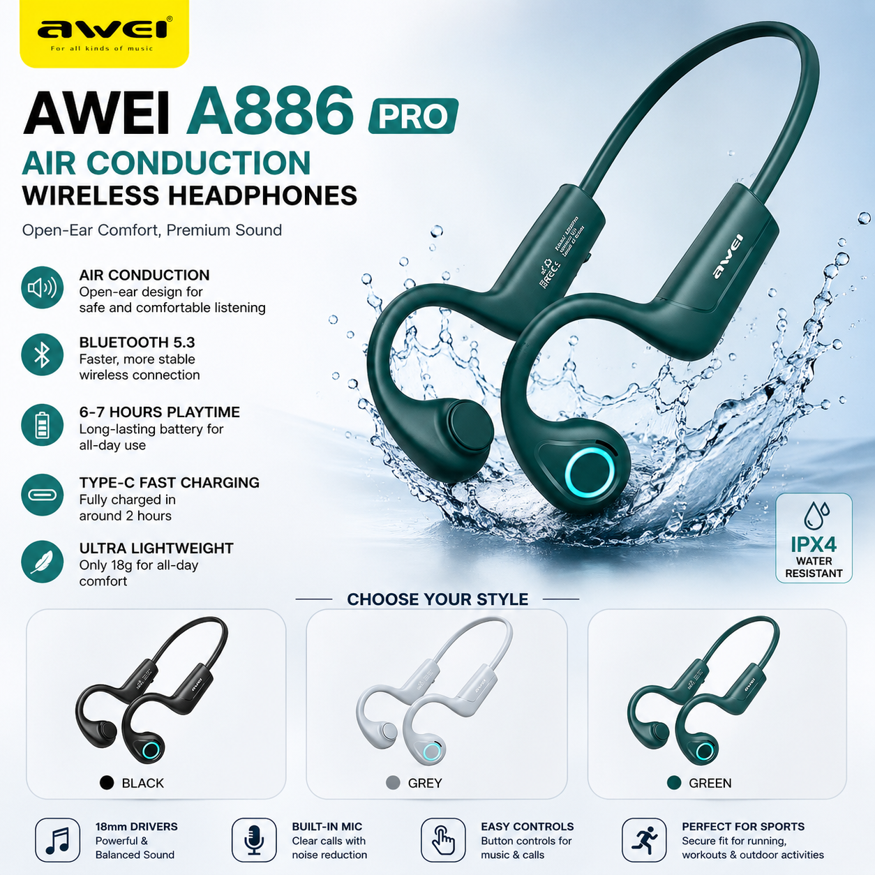 Awei A886 Pro Air Conduction Wireless Headphones - Image 2