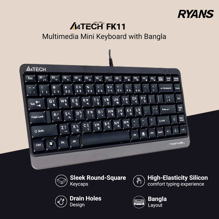 A4TECH FK11 Grey USB FN-Hotkeys Multimedia Mini Keyboard with Bangla - Image 4